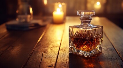 Amber liquor decanter on rustic wooden table