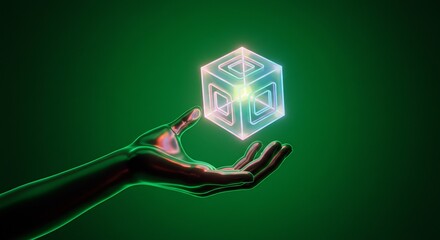 Metallic Hand Holding Glowing Green Digital Cube