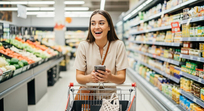 Happy woman shopping in grocery store aisle using her mobile phone