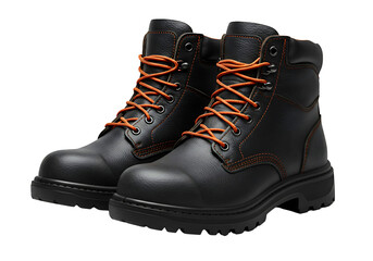 Pair of rugged brown leather work boots with orange laces isolated on transparent background