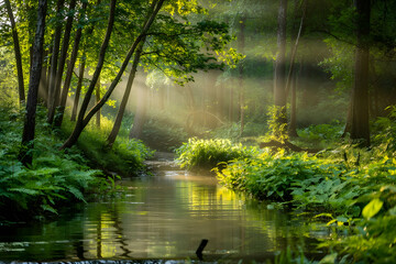 Early morning sunlight filters through dense green trees onto a sparkling forest stream, illuminating dew-covered leaves and creating a peaceful, vibrant natural scene.