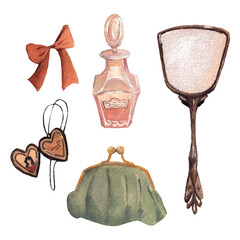 Watercolor Feminine Vintage Items – Perfume, Mirror, Earrings, Bow, Purse – Retro Lady Aesthetic Illustration. Isolated hand drawn elements. Soft brown painting. Realistic cozy vibe. 