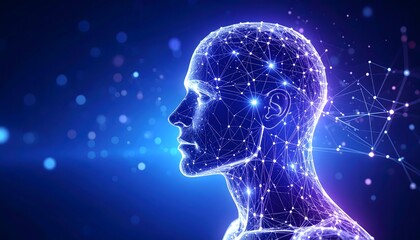 A clear human head made from violet neural mesh with particles and depth effect, placed in an abstract futuristic background, crisp and detailed 3D art.