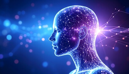 A clear human head made from violet neural mesh with particles and depth effect, placed in an abstract futuristic background, crisp and detailed 3D art.