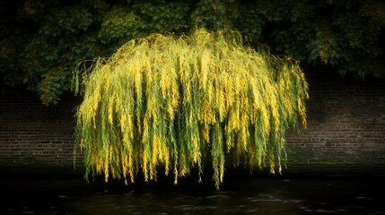 Luminous Weeping Willow Reflecting on Dark Water Canal Next to an Old Brick Wall