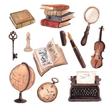 Watercolor Vintage School Supplies and Learning Tools &ndash; Books, Globe, Clock, Violin, Typewriter, Pen &ndash; Academia Illustration. Isolated hand drawn elements. Soft brown painting.  Realistic cozy vibe. 