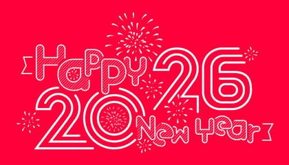 Happy New Year 2026 with typography design and fireworks background.
