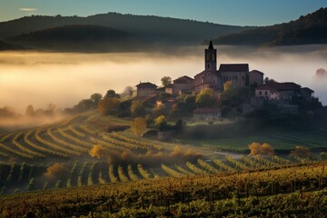 Stunning sunrise over a picturesque italian vineyard landscape with a charming medieval village emerging from the fog