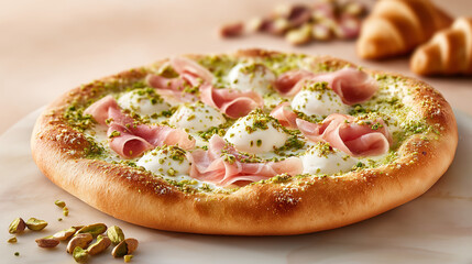 Frische Pizza mit Schinken, Käse und Kräutern auf weißem Teller neben Croissants