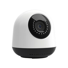 Fototapeta premium White security camera with round design and lens cutout isolated on transparent bg, png