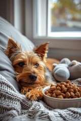 Pet food exudes a delightful aroma under the gentle sunlight, with soft pet toys in the background