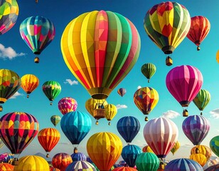 Naklejka premium Vibrant Hot Air Balloons Ascending in a Clear Blue Sky, Festival Celebration