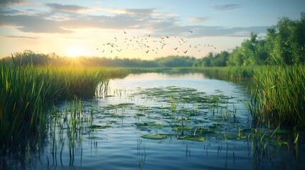 The wetland is lush with aquatic plants, the water surface glistens