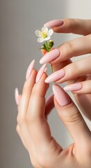 Fototapeta premium Delicate Pink Nails with a Tiny White Flower