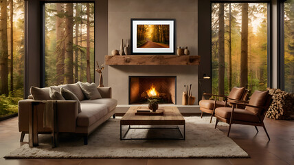 A luxurious living room interior featuring a comfortable sofa, elegant armchair, and a cozy fireplace, all bathed in warm indoor light