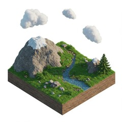 Isometric landscape Mountain stream grass and clouds Nature 3D Scene Environment
