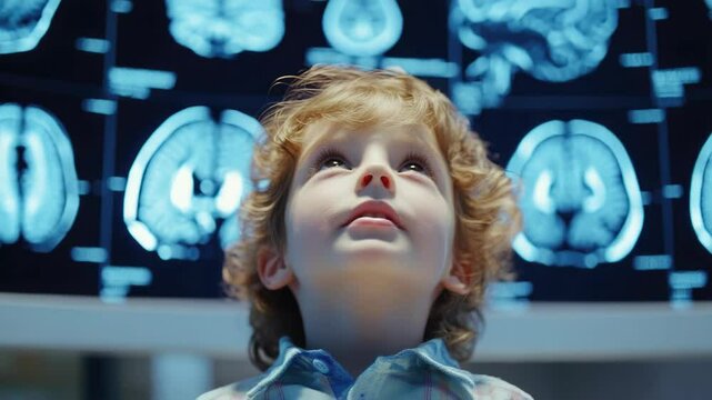 The child gazes at multiple brain scans displayed in front of him.
