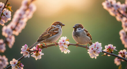 Two sparrows perched on a flowering branch at sunset, showcasing springtime and nature's delicate beauty
