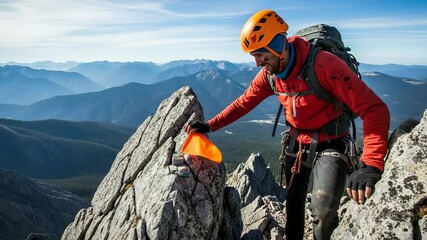 smiling male climber places an orange flag on a rugged mountain peak celebrating his triumphant ascent. - Powered by Adobe