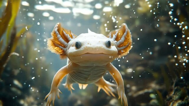 Axolotl swimming in water gills fluffed surrounded by aquatic plants and bubbles