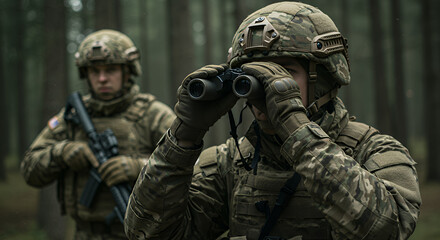 Soldier Using Binoculars in Forest