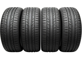 Four new car tires with detailed tread patterns isolated on transparent background
