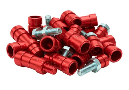 Pile of red metal fittings and silver bolts isolated on transparent background