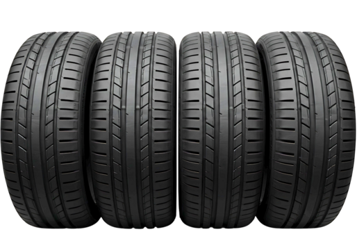 Four new car tires with detailed tread patterns isolated on transparent background