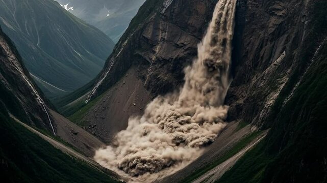 massive rockslide cascades down a steep mountain generating a huge dust cloud in a rugged valley.