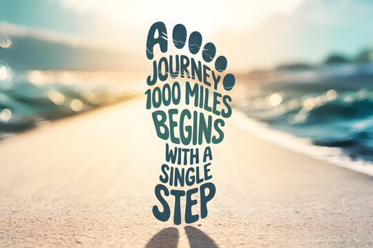 Word art shaped as a footprint with the phrase "a journey of 1000 miles begins with a single step," featuring vibrant gradient colors and artistic typography.
