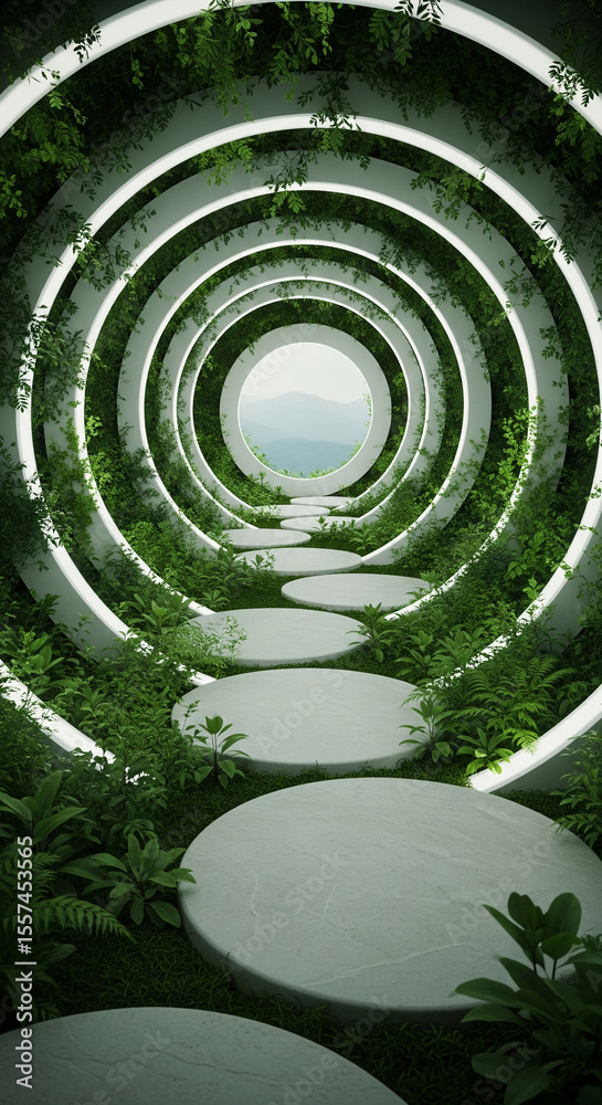 Aufkleber circular pathway through lush greenery, nestled within a white, concentric structure, leading to a d