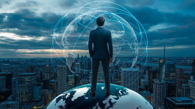 A digital composite image of a businessman in a dark suit standing on a globe overlooking a modern cityscape at dusk.