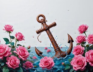Un ancla oxidada sumergida en un mar de rosas rosadas sobre un fondo blanco impoluto
