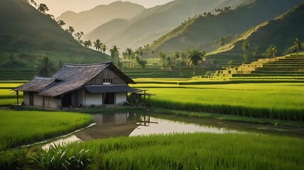 Idyllic Countryside: Farmhouse and Lush Rice Fields
