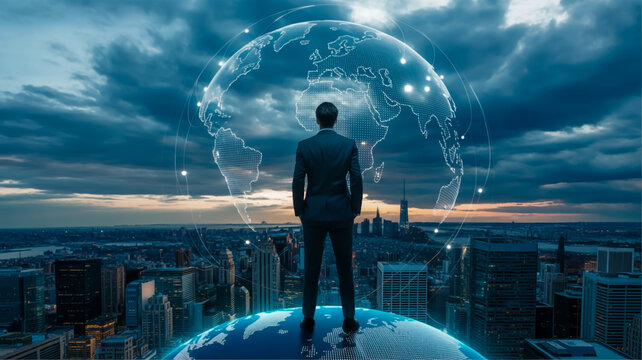 A digital composite image of a businessman in a dark suit standing on a globe overlooking a modern cityscape at dusk.