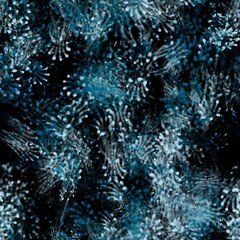 Abstract blurred spots, lines and splashes on the dark background. Fireworks imitation. Deep sea blue, light blue and black colors. Seamless hand drawn pattern.