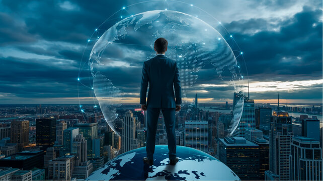 A digital composite image of a businessman in a dark suit standing on a globe overlooking a modern cityscape at dusk.