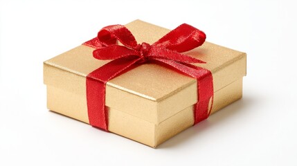 Obraz premium Golden gift box with red ribbon bow, elegant and festive, symbolizing luxury and celebration 