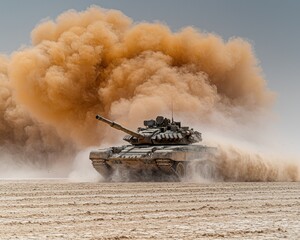Military tank moving through a dusty desert landscape, enormous cloud of sand and smoke erupting behind it