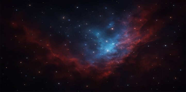 Bright blue and dark outer space galaxy with stars, nebula, and distant planet in a fantasy, abstract night sky illustration