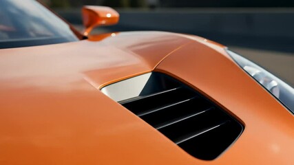 Detail of an orange sport car hood with air intake. Automotive design and performance concept, close-up of a modern vehicle footage.