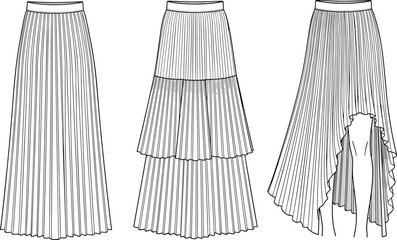 Pleated midi skirts technical drawing, high low hem, layered skirt flat sketch, fashion cad design, vector illustration template