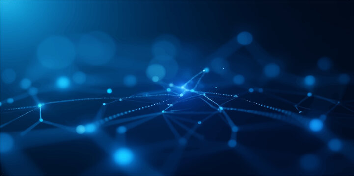 Abstract blue background with a dynamic fiber optics network and shimmering light spots, evoking a sense of digital energy and technological motion