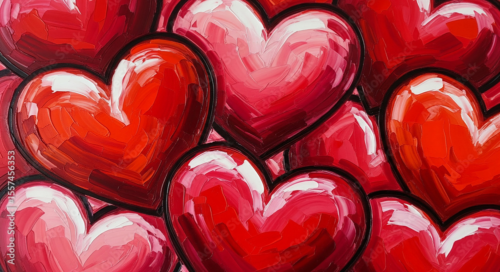 Poster close-up of red and pink hearts painted with thick brushstrokes, creating a textured appearance. sym