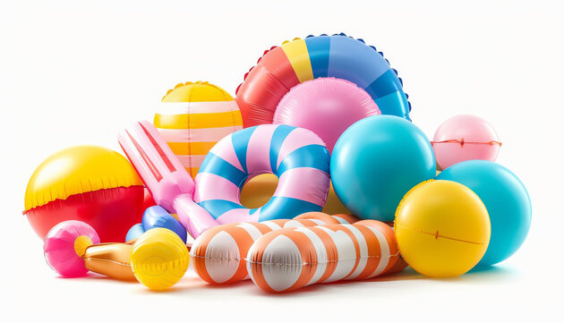 Colorful inflatable pool floats, beach balls, and swim rings create playful summer vibe, perfect for pool party fun and relaxation outdoors in bright sunlight - Powered by Adobe