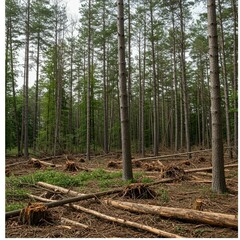 Logged pine forest with cut tree trunks and stumps on the ground Numerous felled trees scattered among standing pines
