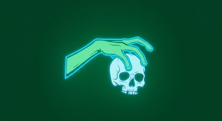 Pixel Art Neon Green Hand Holding Skull