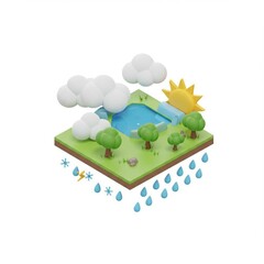 Isometric 3D illustration Landscape with pond trees sun clouds rain snow and lightning