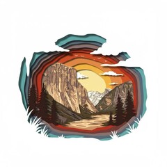 Layered Paper Cut Art Yosemite Valley Sunset Mountains and Trees Landscape