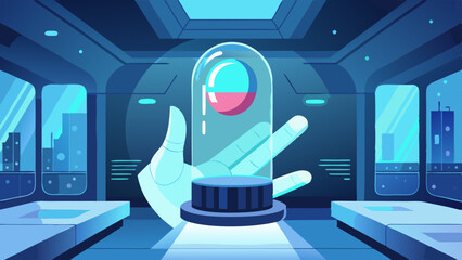 Futuristic laboratory interior with holographic hand holding a glowing capsule in a high-tech science fiction environment